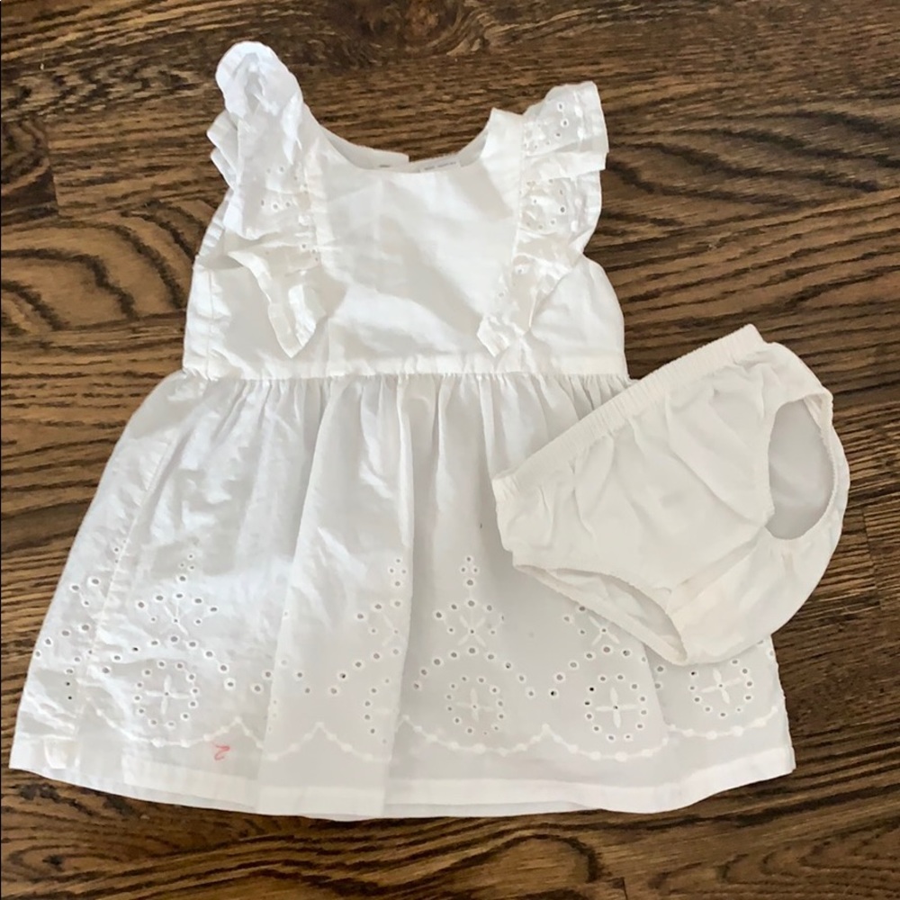 White eyelet flutter sleeve dress and bloomers